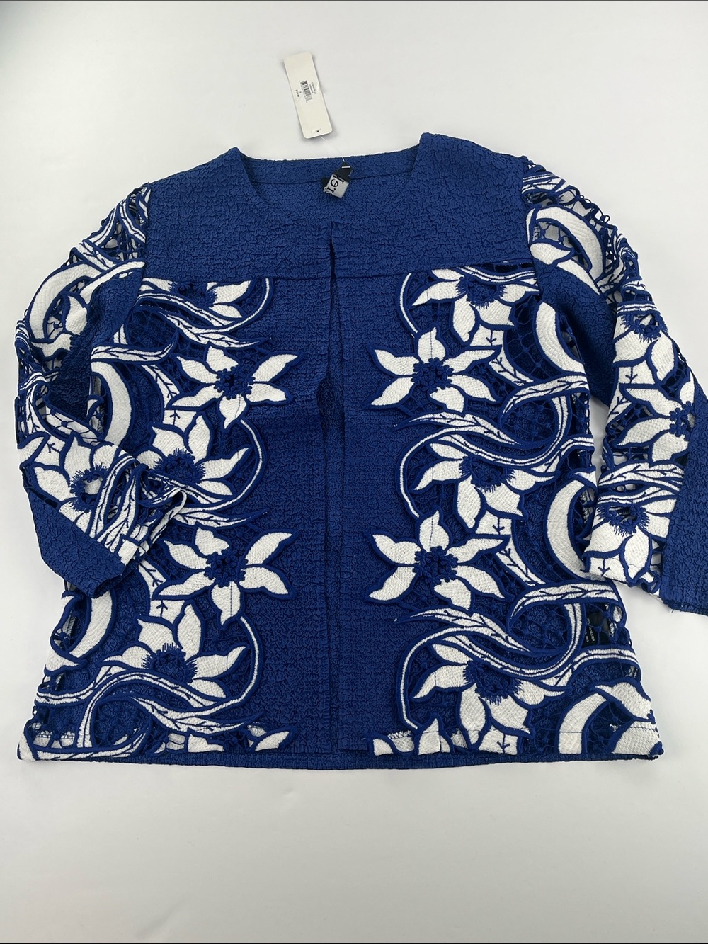 berek Royal Blue and White Floral Open-Front Knit Cardigan Sz M